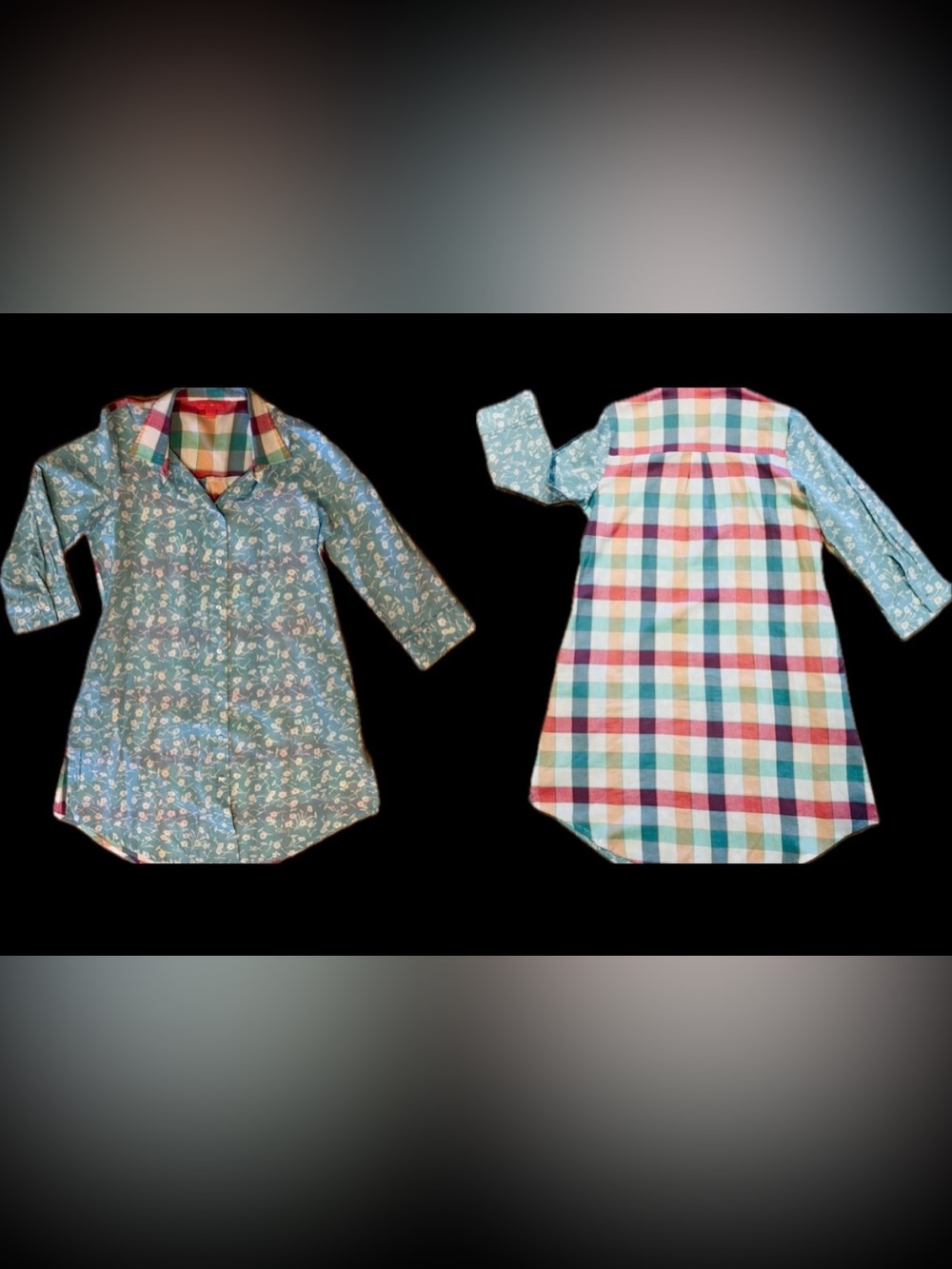 April Cornell Blue Floral Front / Plaid Back Side & Collar Button Up Shirt Dress